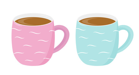 Pink and blue coffee mugs. Ceramic mugs. Isolated on a white background. Flat design.	