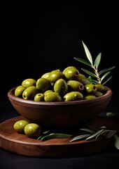 Many fresh and ripe green olives in wooden bowl, healthy food concept. Generative Ai.