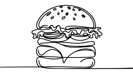 One line continuous cheeseburger symbol concept. Silhouette of fast food restaurant burger with cheese salad buns.