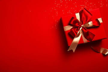Fototapeta na wymiar Red gift box with gold ribbon and bow on red background.