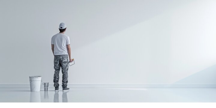 A man stands in a room holding a bucket of paint. This image can be used to depict home improvement, renovation, or DIY projects