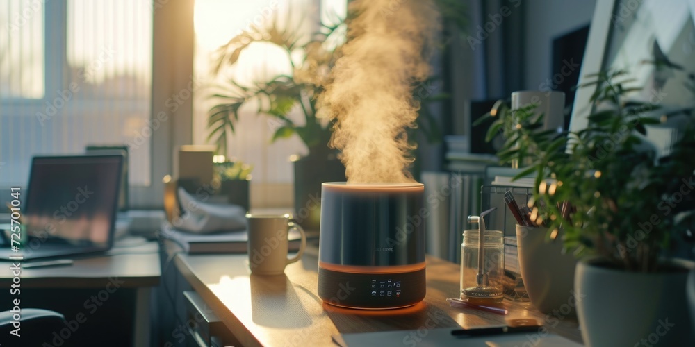 Poster a humidifier sitting on top of a desk next to a plant. suitable for home or office use