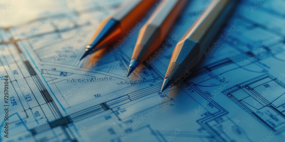 Aufkleber close up view of two pencils placed on top of a blueprint. ideal for architectural, design, or engin