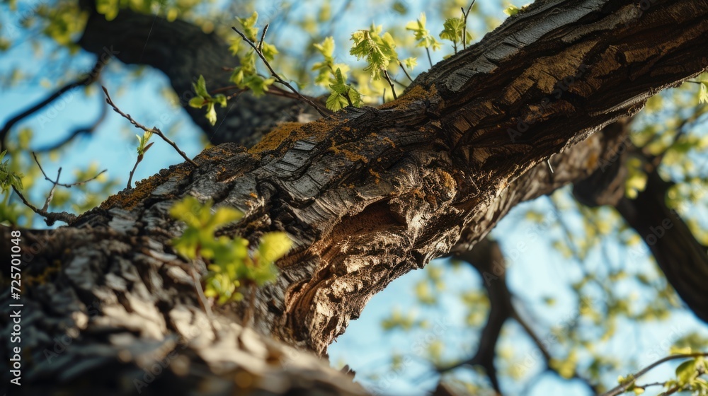 Poster a detailed view of a tree trunk covered in leaves. this image can be used to depict nature, the envi