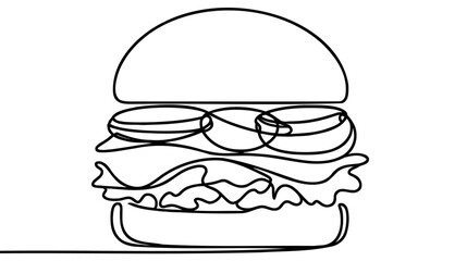 One line continuous cheeseburger symbol concept. Silhouette of fast food restaurant burger with cheese salad buns.