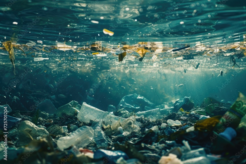 Poster water filled with garbage and trash. can be used to raise awareness about pollution and environmenta