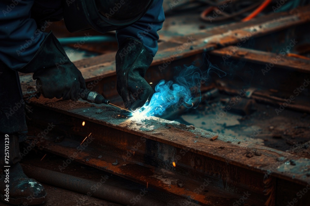 Poster a welder is seen in the process of welding a piece of metal. this image can be used to showcase skil