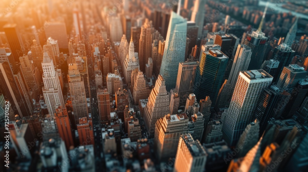 Poster an aerial perspective of a cityscape featuring tall buildings. this image can be used to showcase ur