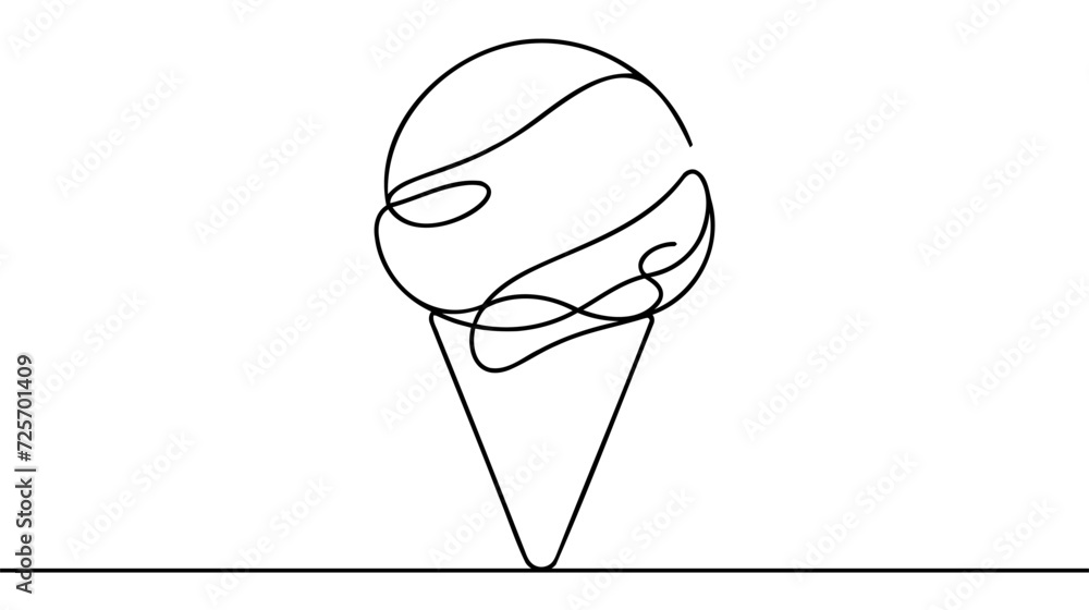 Aufkleber soft serve ice cream in waffle cone in continuous line art drawing style. black line sketch on white