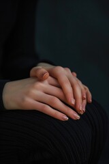 A close up view of a person's hands resting on a chair. This image can be used to depict relaxation, comfort, or a moment of pause.