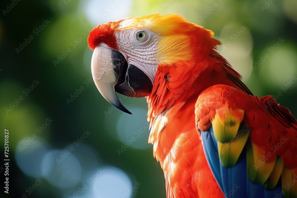 Poster a vibrant red and yellow parrot perched on a tree branch. perfect for nature enthusiasts and bird lo