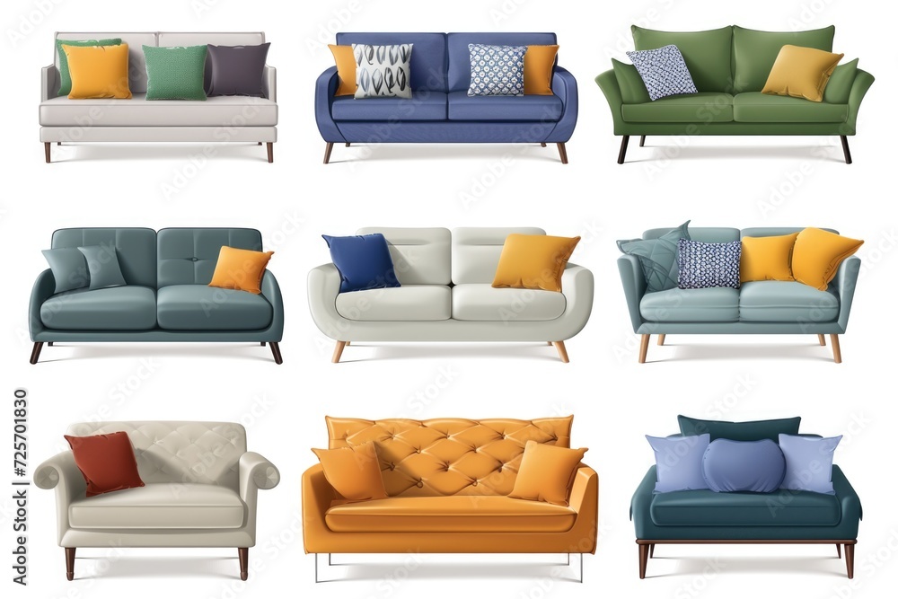 Poster A collection of six different colored couches. Can be used to add a pop of color to any room