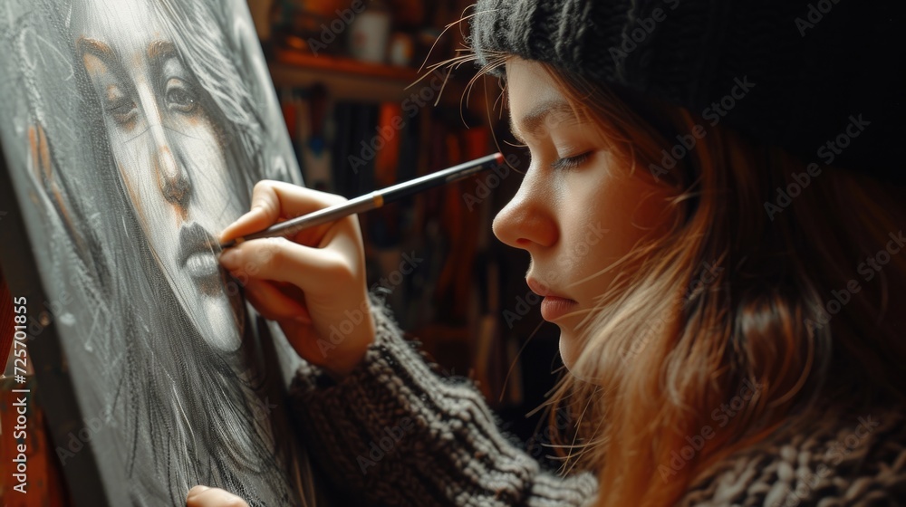 Wall mural A girl is painting a picture of a woman. This image can be used to depict creativity, art, or the process of creating artwork