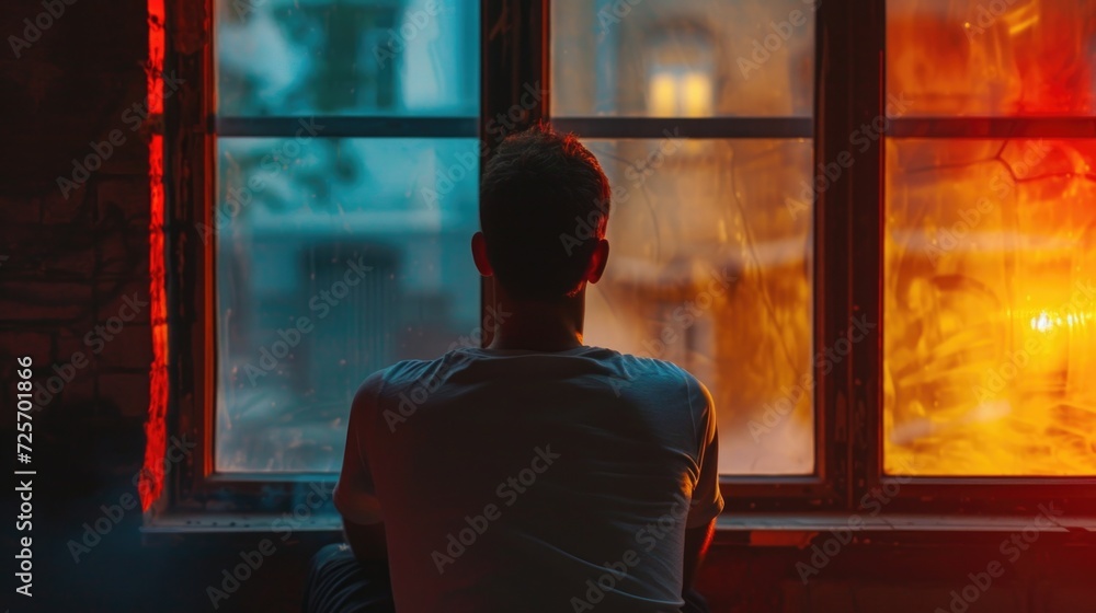 Poster A man sitting in front of a window, looking out. Suitable for various themes and concepts