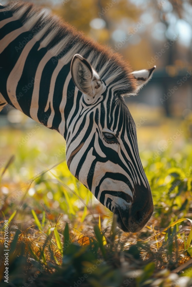 Poster a close-up view of a zebra in a field of grass. suitable for wildlife and nature themes