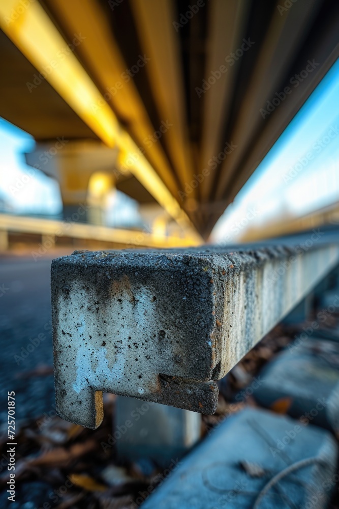 Poster A detailed view of a concrete bench located near a bridge. Suitable for urban landscapes and architectural concepts