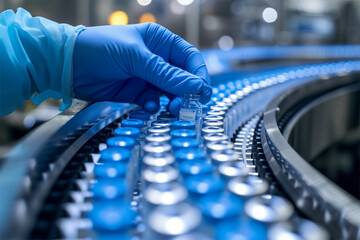 Ensuring pharmaceutical quality: a gloved hand meticulously inspects medical vials on a conveyor belt, highlighting stringent quality control.