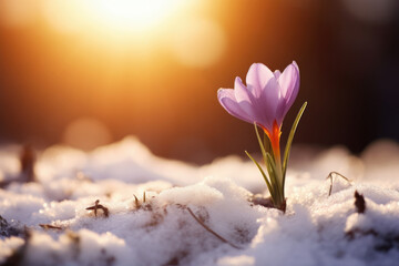 Blooming spring crocus or saffron, wild flowers in snow on evening light, close up