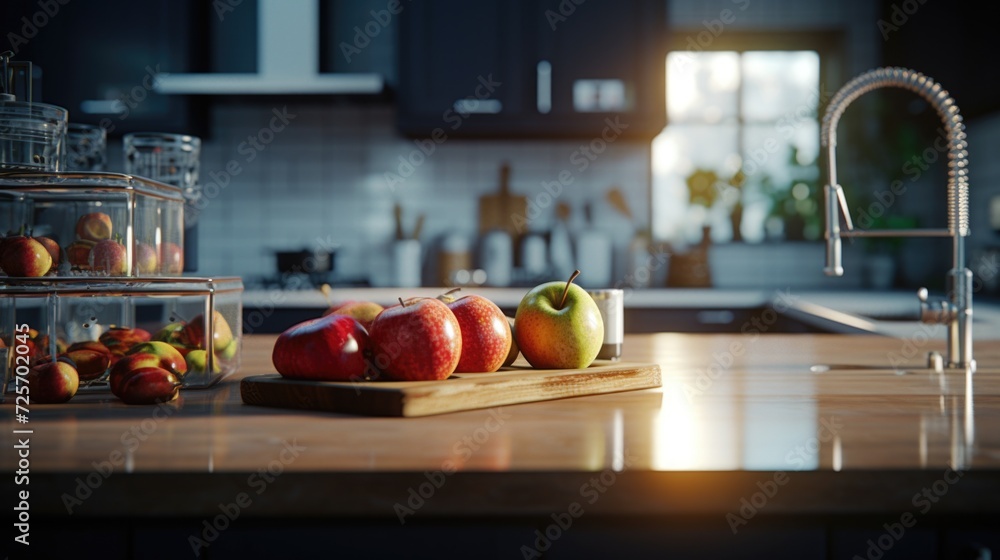 Poster a wooden cutting board with a selection of fresh apples is displayed on a kitchen counter. this imag