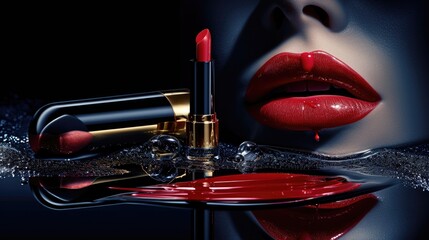 Beautiful female lips with red lipstick and reflection on black background - obrazy, fototapety, plakaty