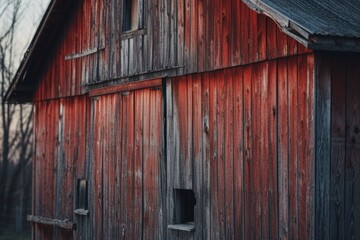A picture of a red barn with a black roof and two windows. This image can be used to depict rural landscapes, farming, or traditional architecture
