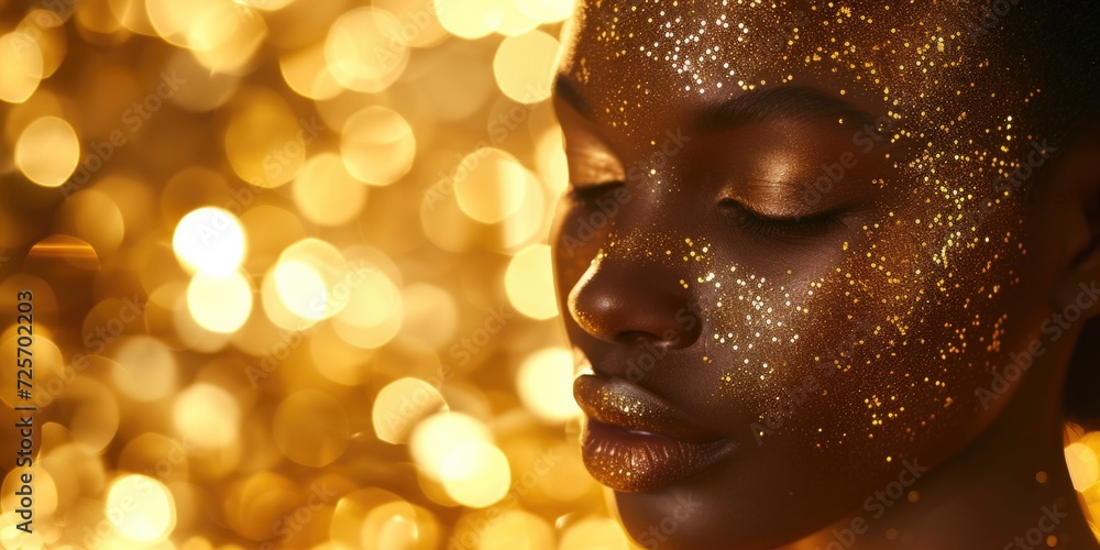 Poster A close-up view of a person with glitter on their face. Perfect for adding a touch of sparkle to any creative project
