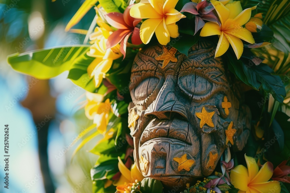 Poster A close up of a statue surrounded by flowers. Perfect for adding a touch of beauty to any project