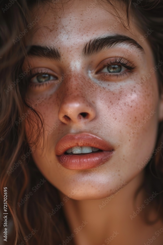 Poster A close-up view of a woman with freckles on her face. This image can be used to showcase natural beauty or as a representation of diversity