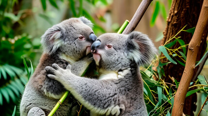 Fototapeta premium Two koalas communicate with each other on bamboo