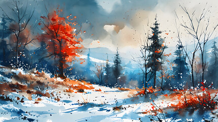 Watercolor Winter Mountain Landscape with Orange Tree. Created with Generative AI