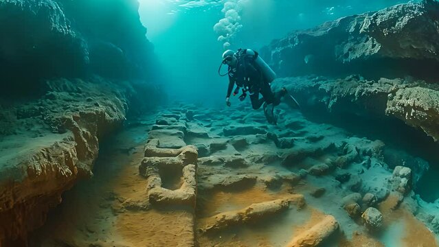 4K video clip of Divers discover ancient structures beneath the sea that may belong to the Atlantis, Roman, Babylonian or Mayan empires.