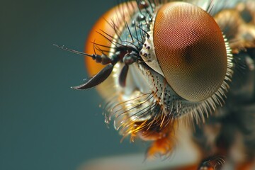 A detailed close up view of a fly's face. This image can be used to study insect anatomy or to illustrate articles about insects and nature