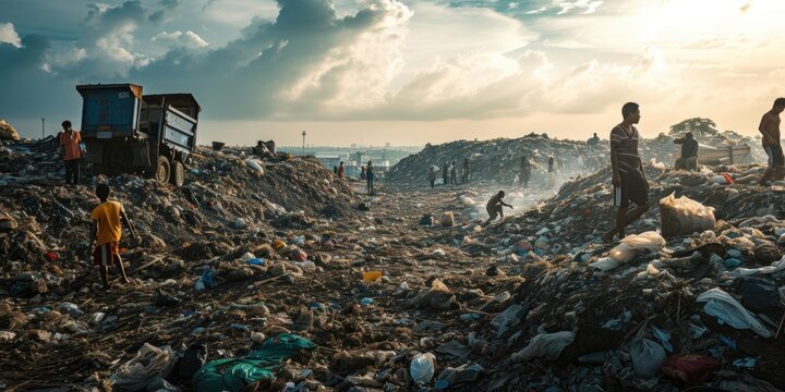 A group of people standing on top of a pile of trash. This image can be used to depict environmental pollution or waste management