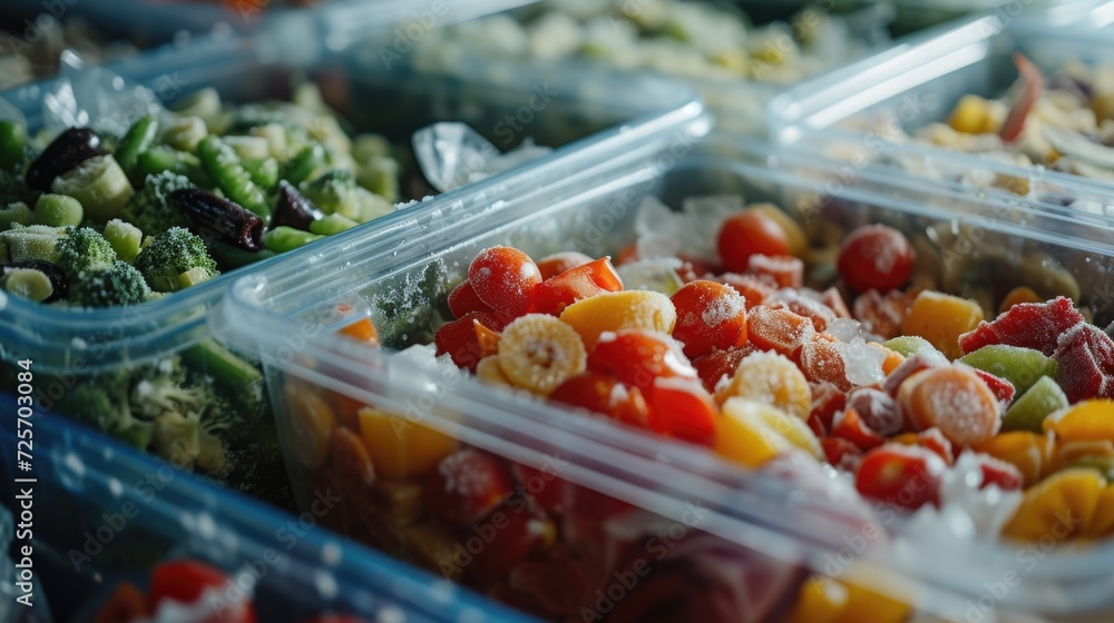 Poster a collection of plastic containers filled with various types of food. perfect for illustrating meal 