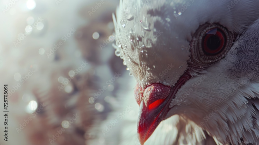 Poster a detailed close-up shot of a bird with water droplets on its head. this image captures the natural 