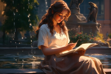 Animated serenity: A student girl immersed in outdoor studies by a fountain, 32k UHD, in the English major's optical learning ambiance.