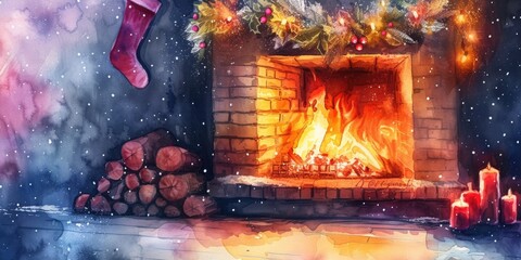 A cozy and festive scene featuring a Christmas tree by a warm fireplace. Perfect for holiday-themed projects and decorations