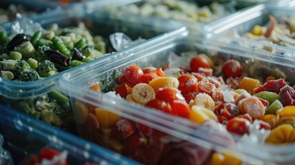 A collection of plastic containers filled with various types of food. Perfect for illustrating meal prep, food storage, or a diverse range of culinary options