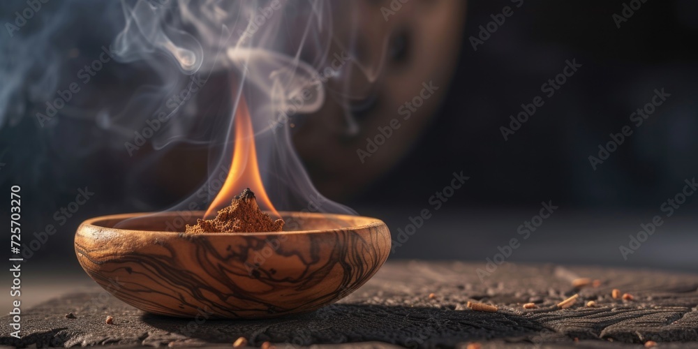 Aufkleber A wooden bowl with smoke rising from it, creating an atmospheric effect. Suitable for various themes and concepts