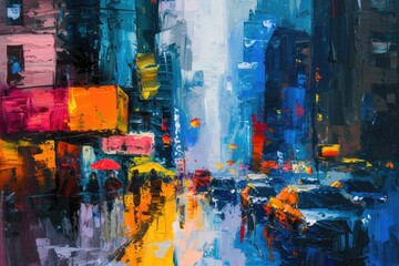 A captivating painting depicting a city street illuminated by the lights of the night. Perfect for adding a touch of urban charm to any space