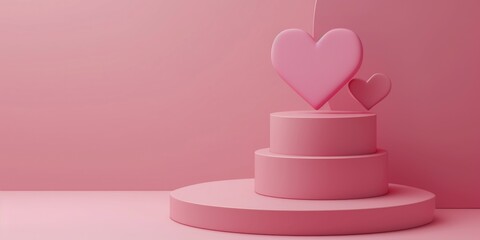 A pink cake with two hearts on top. Perfect for celebrations and special occasions