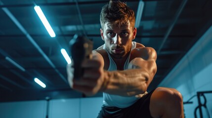 A man is seen holding a gun in a gym. This image can be used to depict a dangerous situation or to illustrate concepts such as self-defense or crime