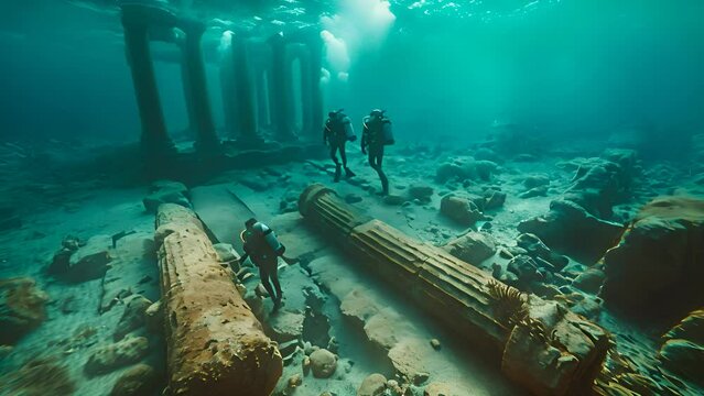 4K video clip of Divers discover ancient structures beneath the sea that may belong to the Atlantis, Roman, Babylonian or Mayan empires.