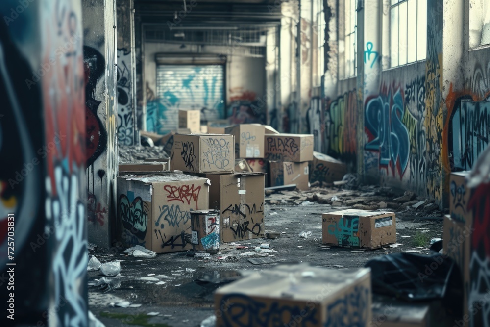 Poster Graffiti-covered boxes fill the room, creating a unique urban atmosphere. Perfect for showcasing urban art or adding an edgy touch to creative projects