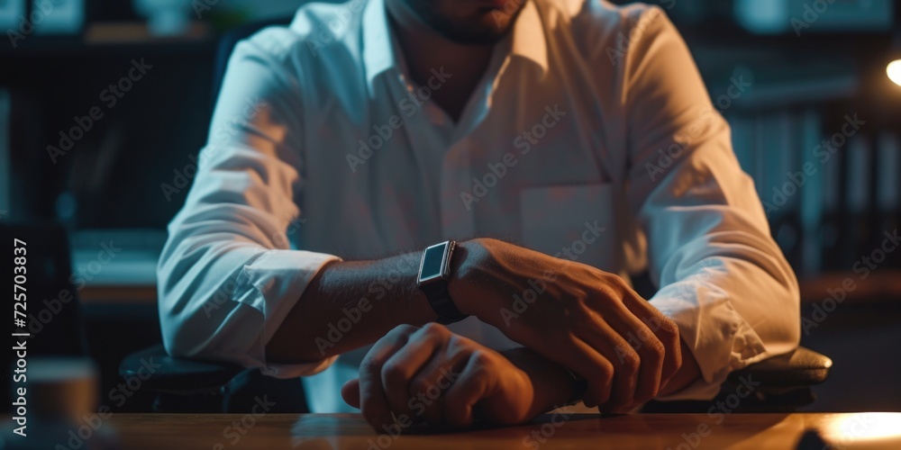 Aufkleber A man is seen sitting at a table with a wristwatch on his wrist. This image can be used to represent punctuality, time management, or waiting for an important event