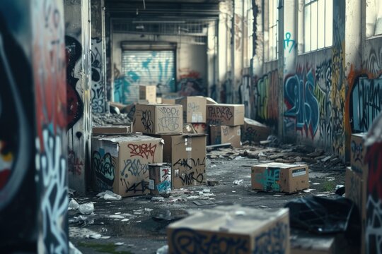 Graffiti-covered boxes fill the room, creating a unique urban atmosphere. Perfect for showcasing urban art or adding an edgy touch to creative projects