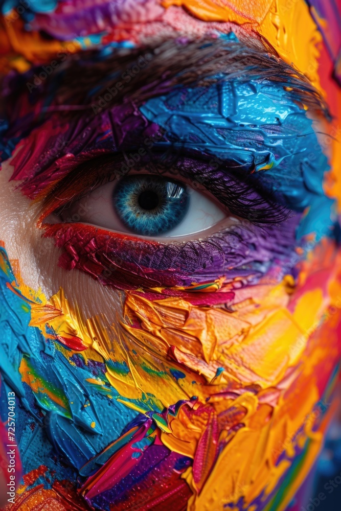 Poster close up of a person's face with vibrant and colorful paint. perfect for artistic projects and creat