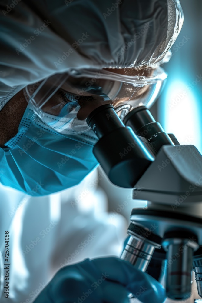 Poster A person in a lab coat is looking through a microscope. This image can be used to illustrate scientific research and experimentation
