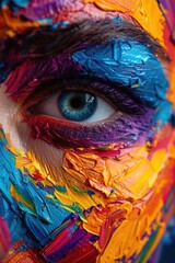 Close up of a person's face with vibrant and colorful paint. Perfect for artistic projects and creative designs