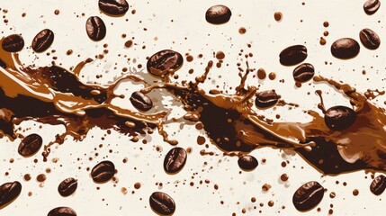background with splashes of coffee with milk and coffee beans